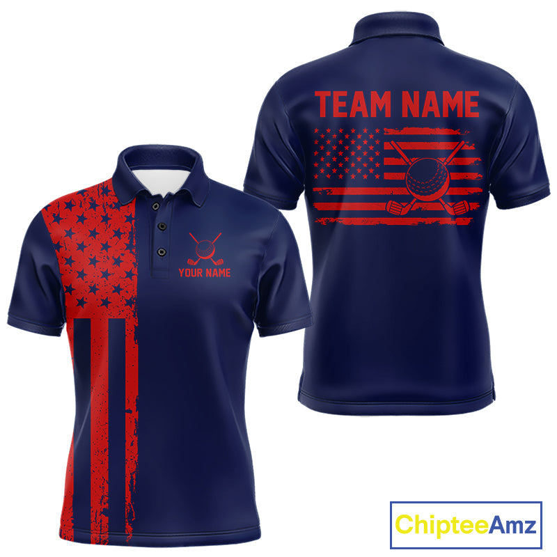 Navy And Red American Flag Golf Polo Shirts Custom Name Patriotic Team Golf Uniform Nqs10019