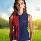 Navy And Red American Flag Golf Sleeveless Polo Shirts Custom Name Patriotic Team Golf Uniform Nqs10019