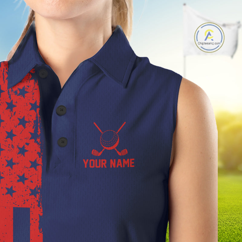 Navy And Red American Flag Golf Sleeveless Polo Shirts Custom Name Patriotic Team Golf Uniform Nqs10019