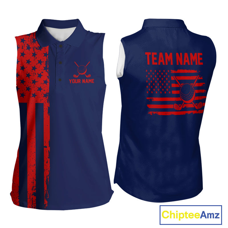 Navy And Red American Flag Golf Sleeveless Polo Shirts Custom Name Patriotic Team Golf Uniform Nqs10019