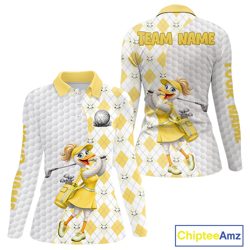 Custom Yellow Argyle Golf Polo Shirts Funny Duck Golfer Best Golf Clothing Shirts