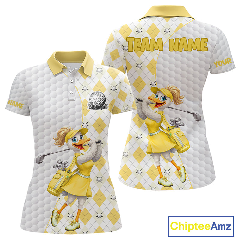 Custom Yellow Argyle Golf Polo Shirts Funny Duck Golfer Best Golf Clothing Shirts