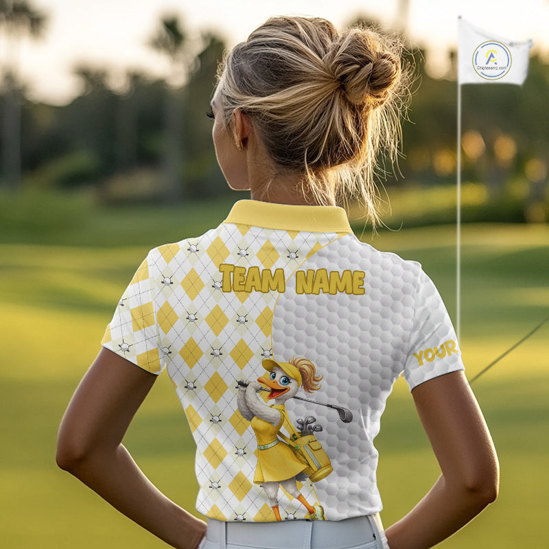 Custom Yellow Argyle Golf Polo Shirts Funny Duck Golfer Best Golf Clothing Shirts