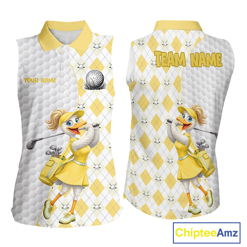 Custom Yellow Argyle Golf Sleeveless Polo Shirts Funny Duck Golfer Best Golf Clothing Shirts