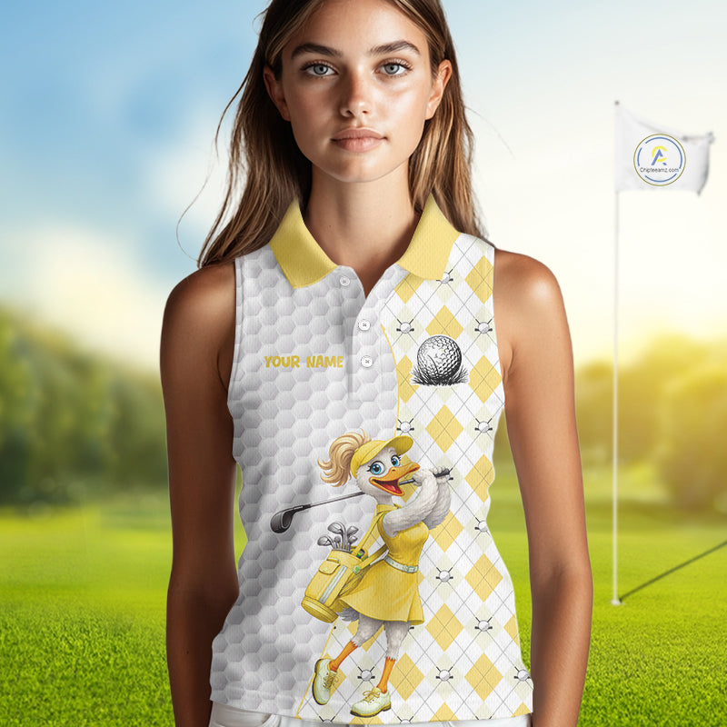Custom Yellow Argyle Golf Sleeveless Polo Shirts Funny Duck Golfer Best Golf Clothing Shirts