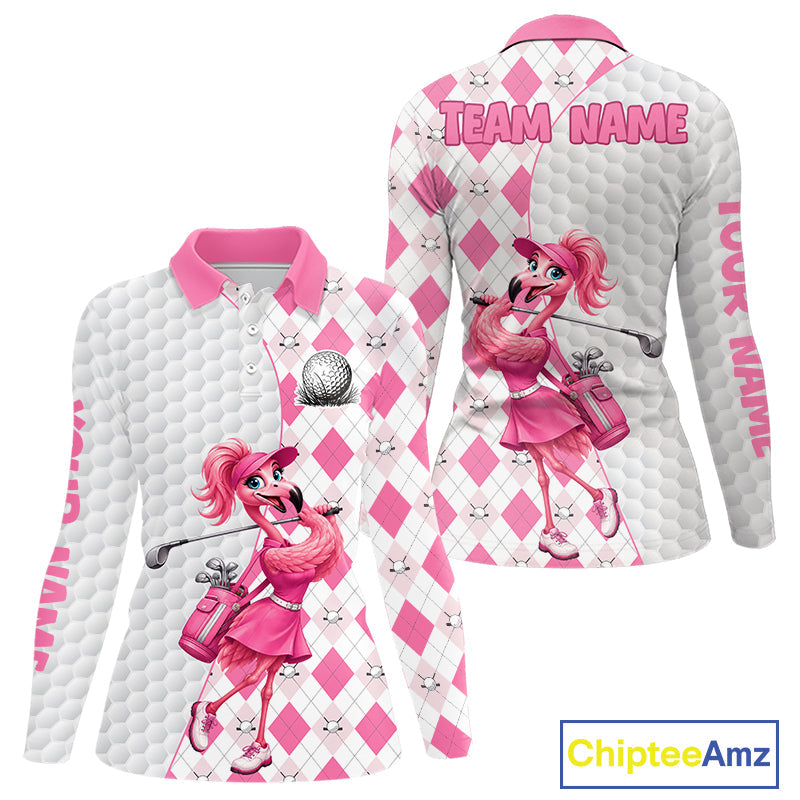 Custom Pink Argyle Golf Polo Shirts Funny Flamingo Golfer Best Golf Clothing Shirts