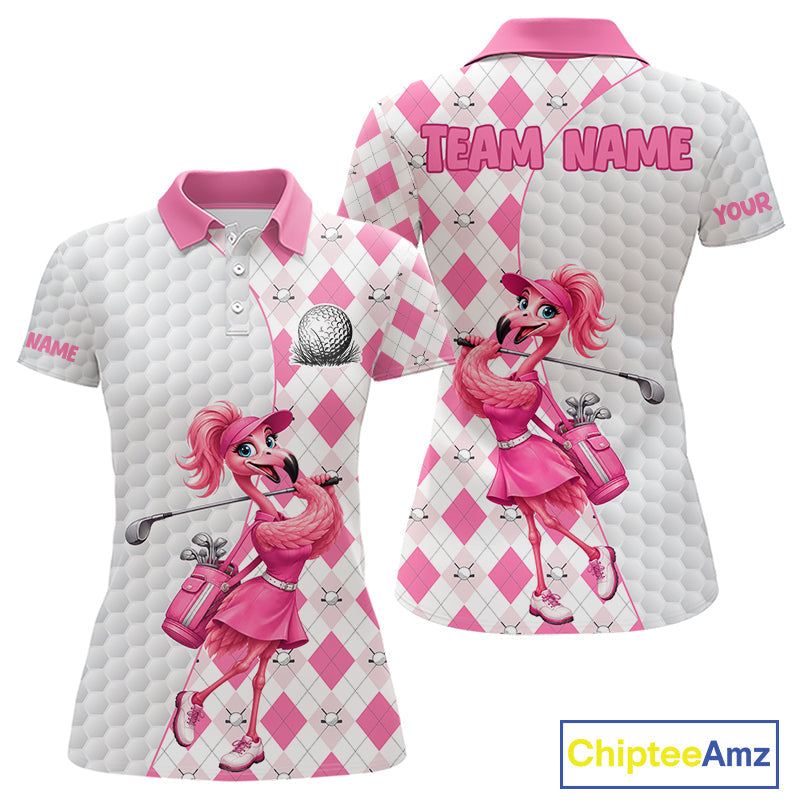 Custom Pink Argyle Golf Polo Shirts Funny Flamingo Golfer Best Golf Clothing Shirts