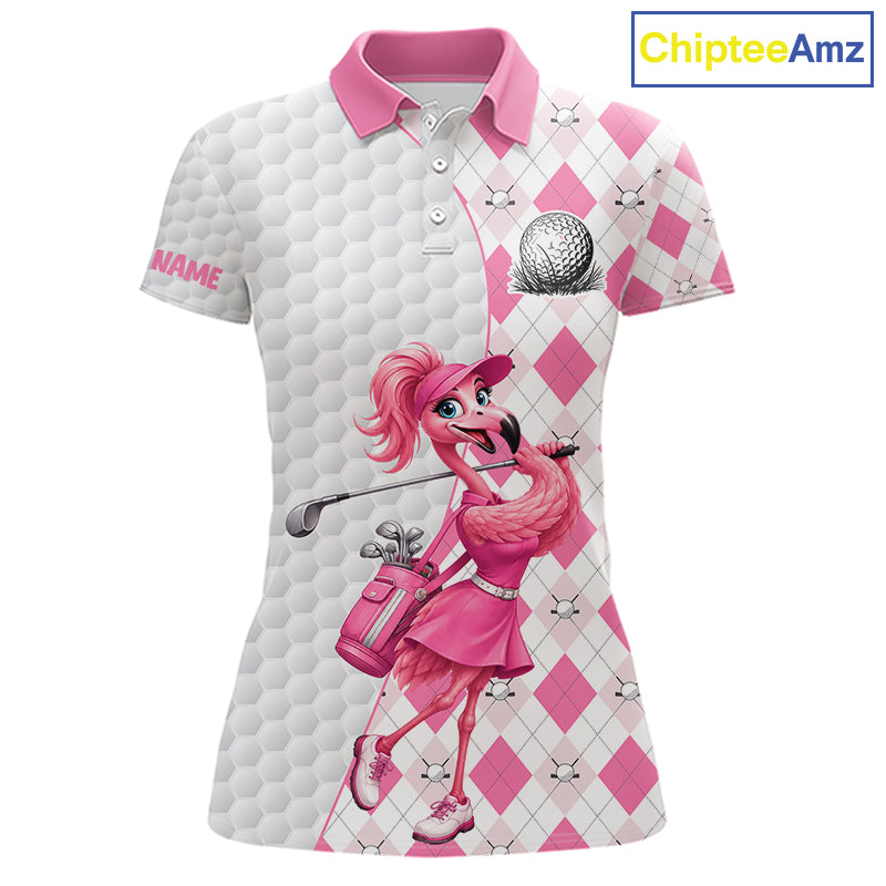 Custom Pink Argyle Golf Polo Shirts Funny Flamingo Golfer Best Golf Clothing Shirts