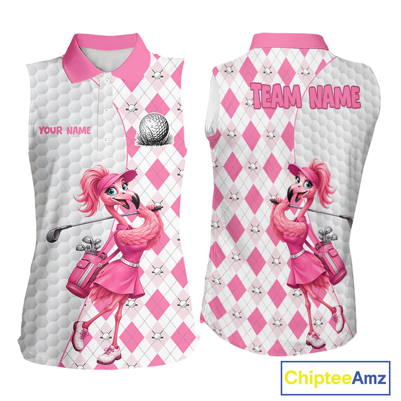 Custom Pink Argyle Golf Sleeveless Polo Shirts Funny Flamingo Golfer Best Golf Clothing Shirts
