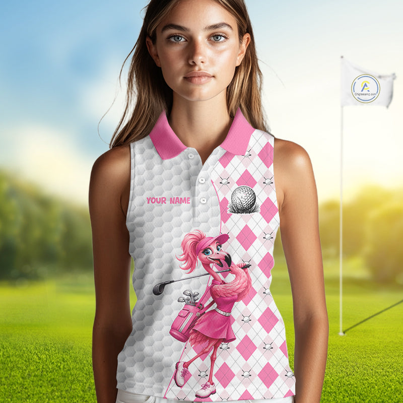 Custom Pink Argyle Golf Sleeveless Polo Shirts Funny Flamingo Golfer Best Golf Clothing Shirts