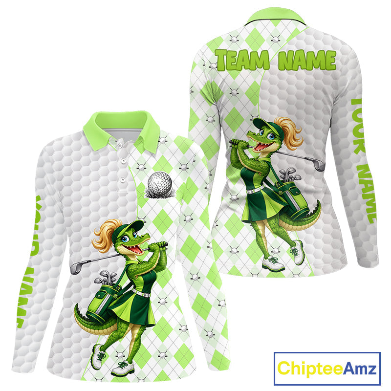Custom Green Argyle Golf Polo Shirts Funny Alligator Golfer Best Golf Clothing Shirts