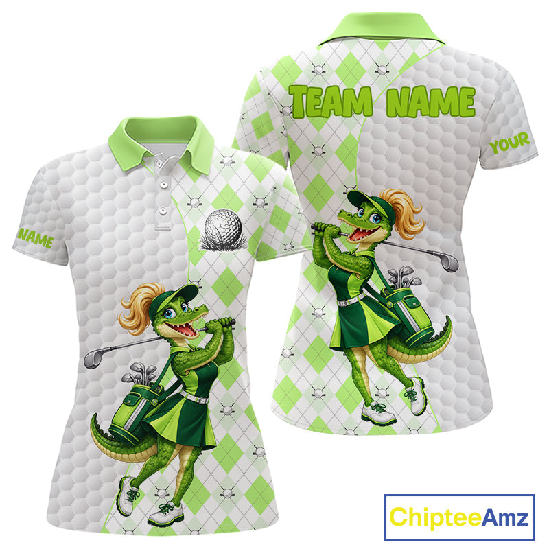 Custom Green Argyle Golf Polo Shirts Funny Alligator Golfer Best Golf Clothing Shirts