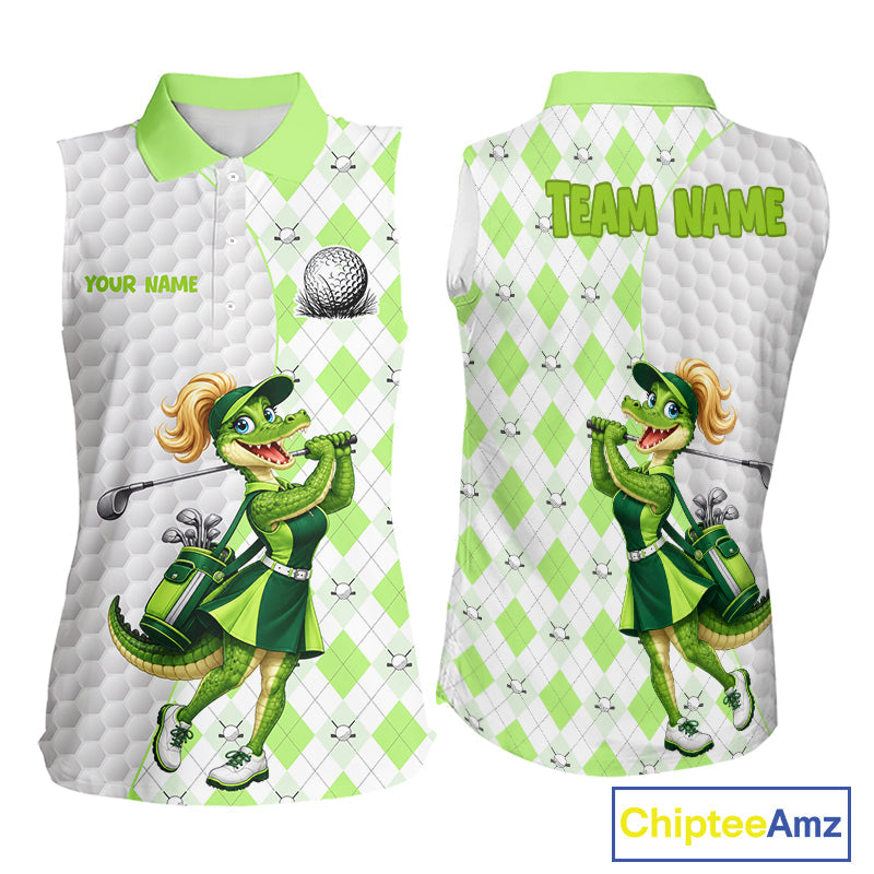 Custom Green Argyle Golf Sleeveless Polo Shirts Funny Alligator Golfer Best Golf Clothing Shirts