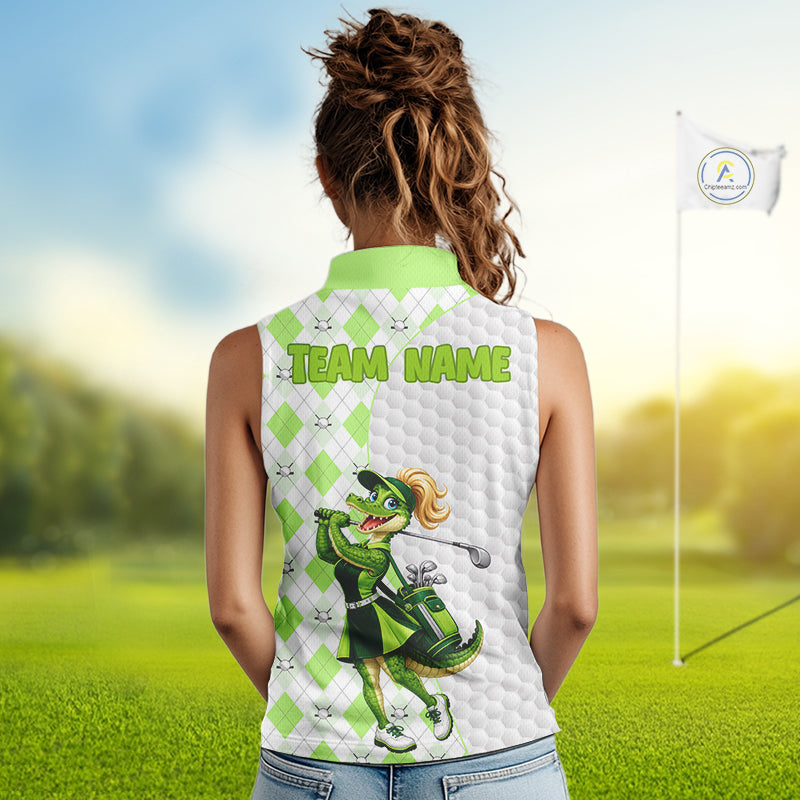 Custom Green Argyle Golf Sleeveless Polo Shirts Funny Alligator Golfer Best Golf Clothing Shirts