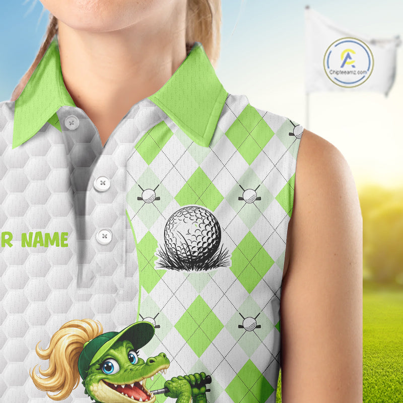 Custom Green Argyle Golf Sleeveless Polo Shirts Funny Alligator Golfer Best Golf Clothing Shirts