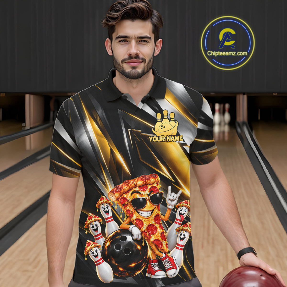 Funny Bowling Polo 1/4-Zip Shirt Custom Rock-On Pizza Bowling Team Jersey Funny Bowler Shirt