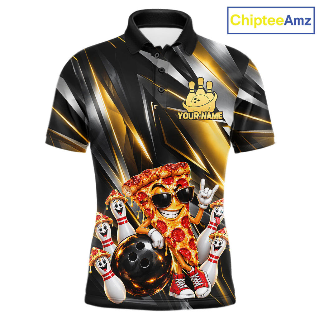 Funny Bowling Polo 1/4-Zip Shirt Custom Rock-On Pizza Bowling Team Jersey Funny Bowler Shirt