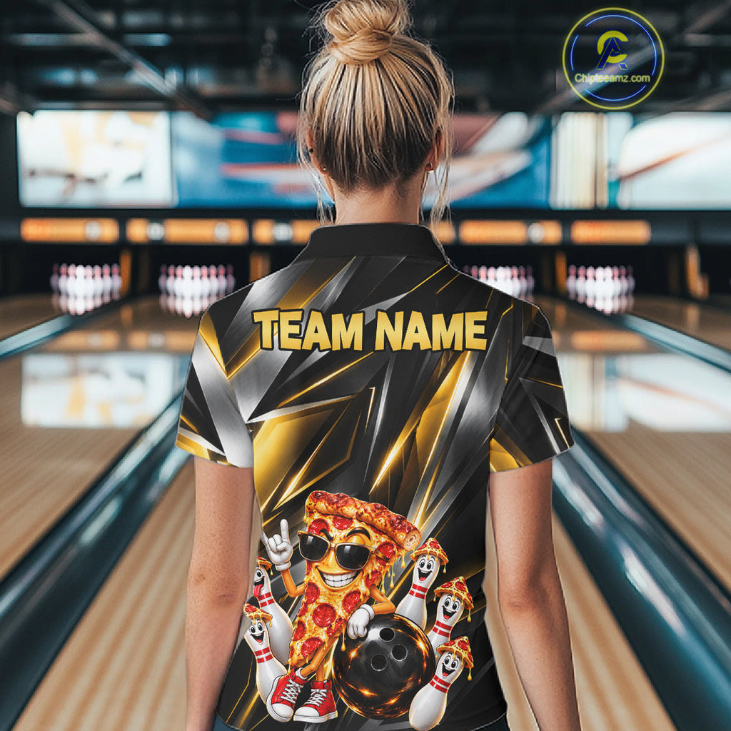 Funny Bowling Polo 1/4-Zip Shirt Custom Rock-On Pizza Bowling Team Jersey Funny Bowler Shirt