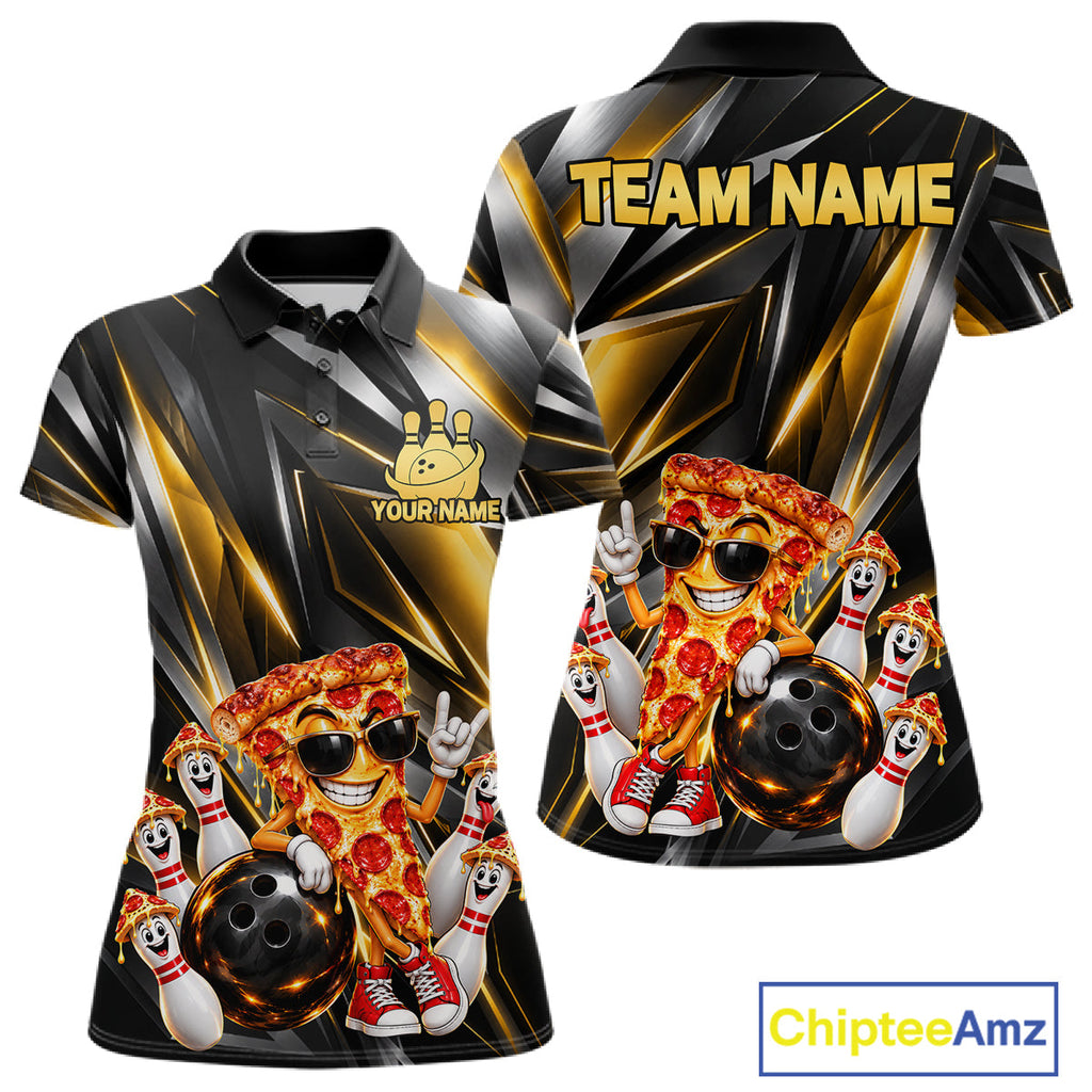 Funny Bowling Polo 1/4-Zip Shirt Custom Rock-On Pizza Bowling Team Jersey Funny Bowler Shirt