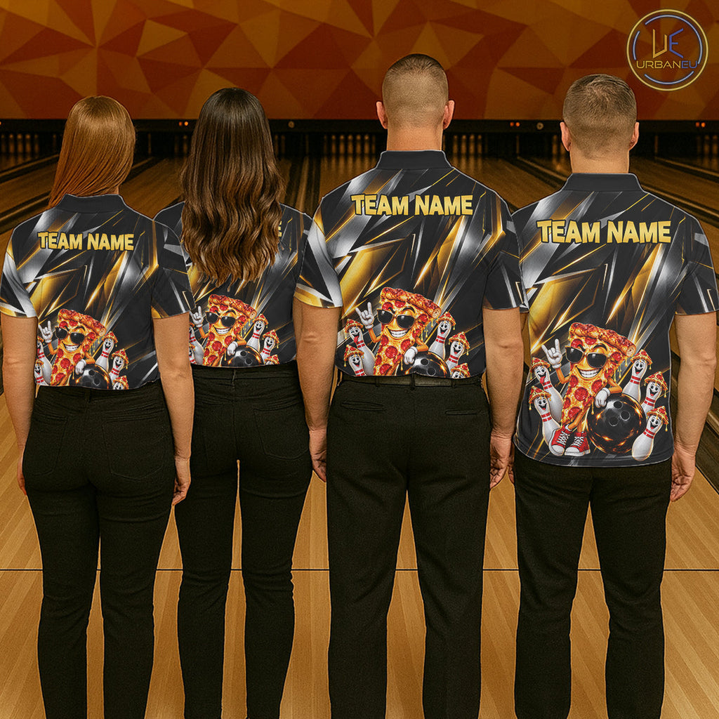 Funny Bowling Polo 1/4-Zip Shirt Custom Rock-On Pizza Bowling Team Jersey Funny Bowler Shirt
