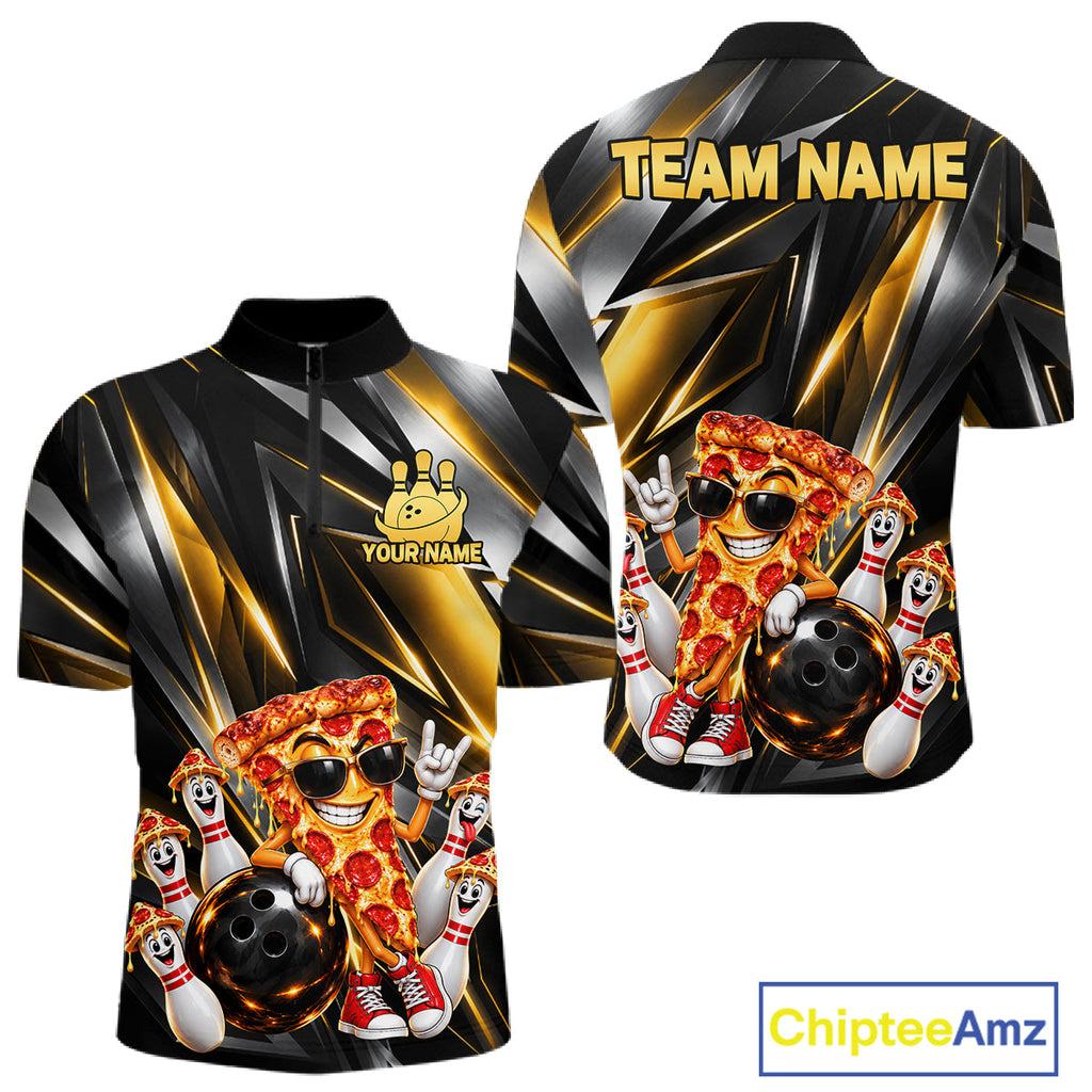 Funny Bowling Polo 1/4-Zip Shirt Custom Rock-On Pizza Bowling Team Jersey Funny Bowler Shirt