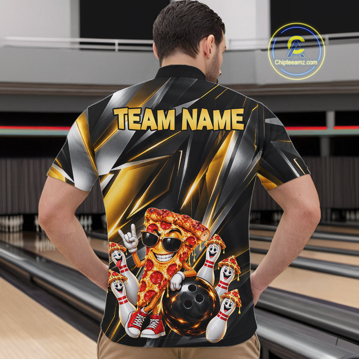 Funny Bowling Polo 1/4-Zip Shirt Custom Rock-On Pizza Bowling Team Jersey Funny Bowler Shirt
