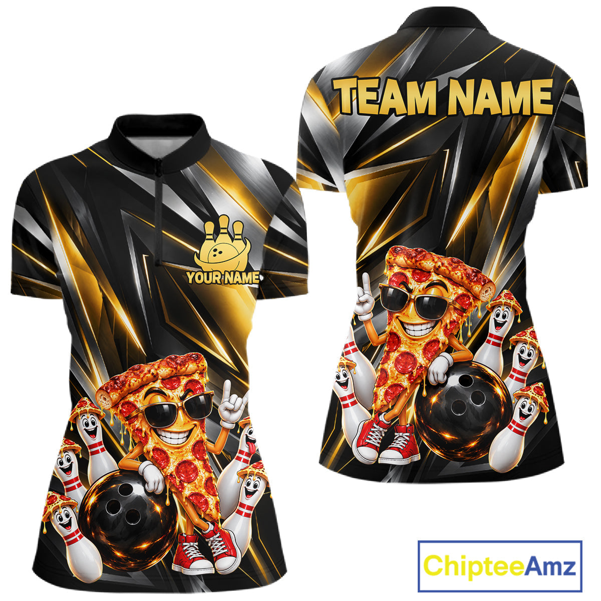 Funny Bowling Polo 1/4-Zip Shirt Custom Rock-On Pizza Bowling Team Jersey Funny Bowler Shirt
