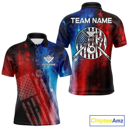 Red - Blue Grunge American Flag Billiard Pool Shirt Personalized Patriot Billiard Team Attire