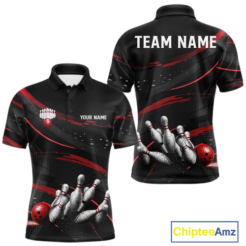 Black And Red Grunge Bowling Ball & Pins Jersey Personalized Team Bowling Shirts