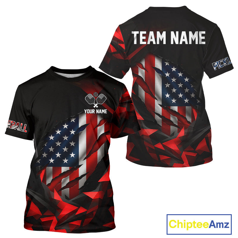 Custom Black And Red Patriotic Pickleball T-Shirt US Flag Pickleball Jerseys