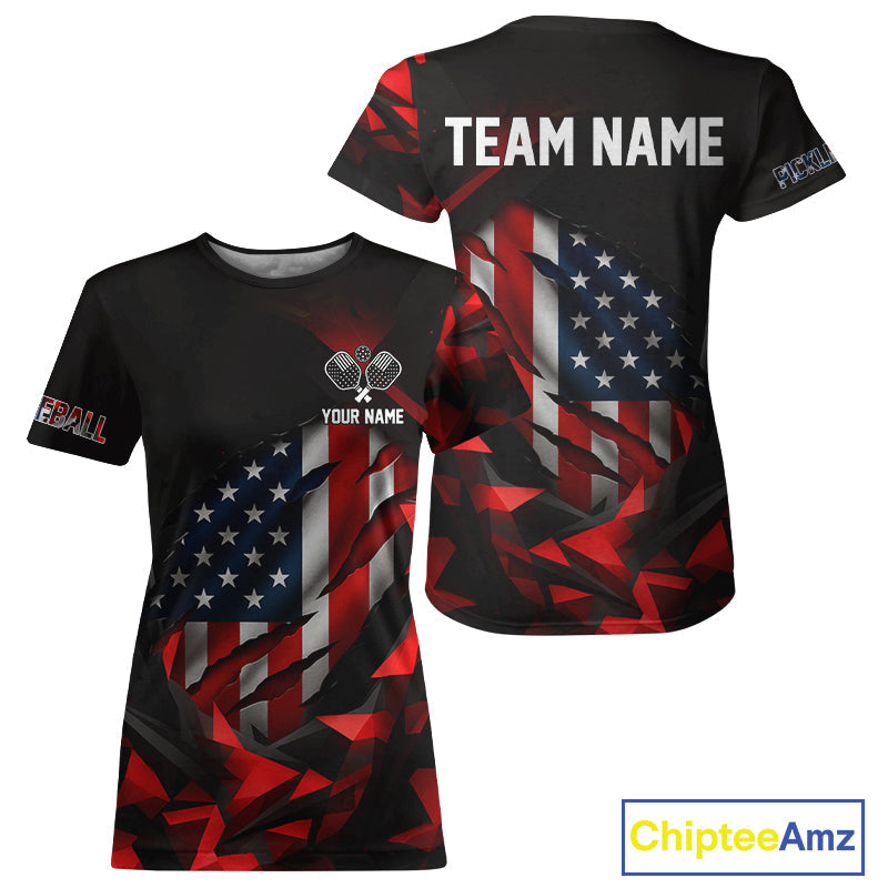 Custom Black And Red Patriotic Pickleball T-Shirt US Flag Pickleball Jerseys