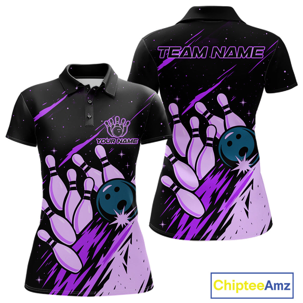 Retro Purple Galaxy Bowling Polo Quarter Zip Shirts Custom Vintage Bowling Team League Jerseys