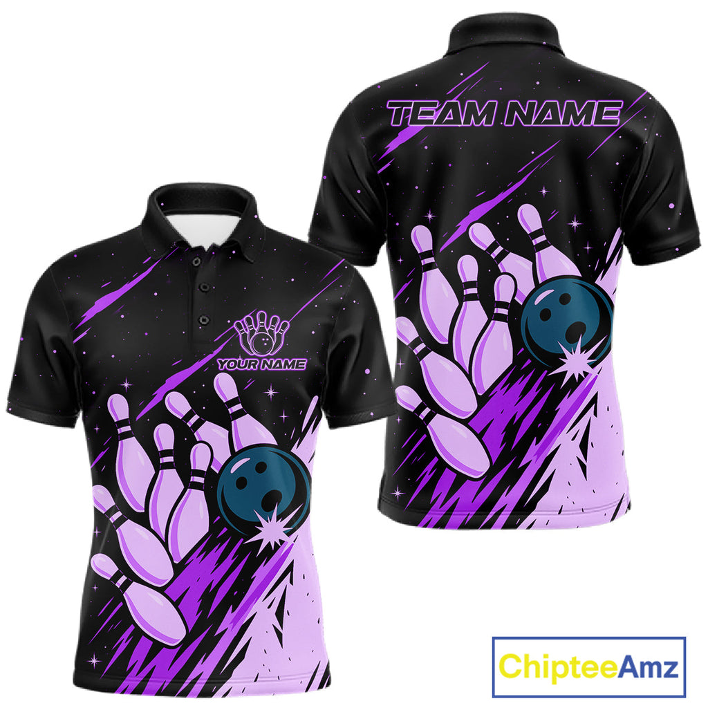 Retro Purple Galaxy Bowling Polo Quarter Zip Shirts Custom Vintage Bowling Team League Jerseys