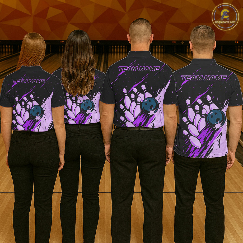 Retro Purple Galaxy Bowling Polo Quarter Zip Shirts Custom Vintage Bowling Team League Jerseys