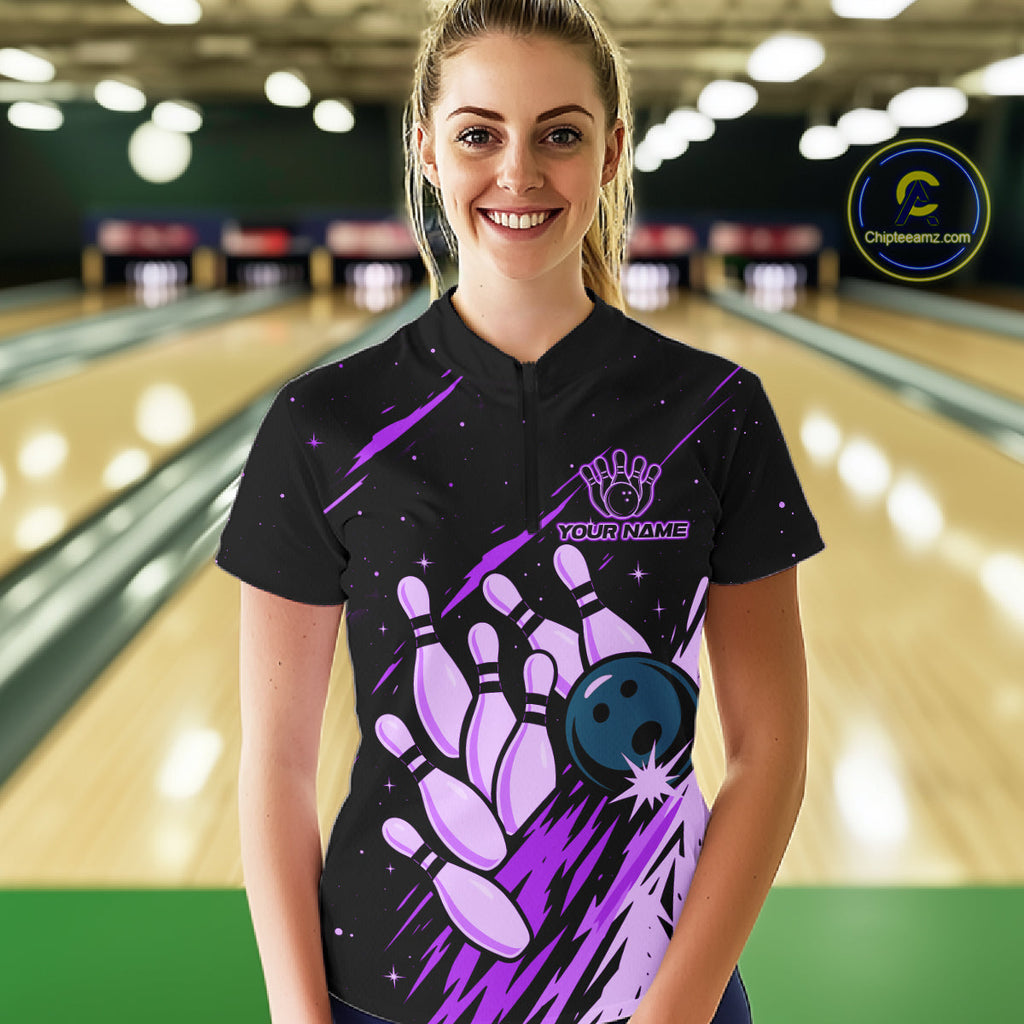 Retro Purple Galaxy Bowling Polo Quarter Zip Shirts Custom Vintage Bowling Team League Jerseys