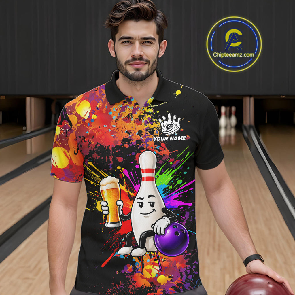 Colorful Splatter Bowling Shirt Funny Beer Pin Splatter Bowling Polo Quarter-Zip Team Uniform