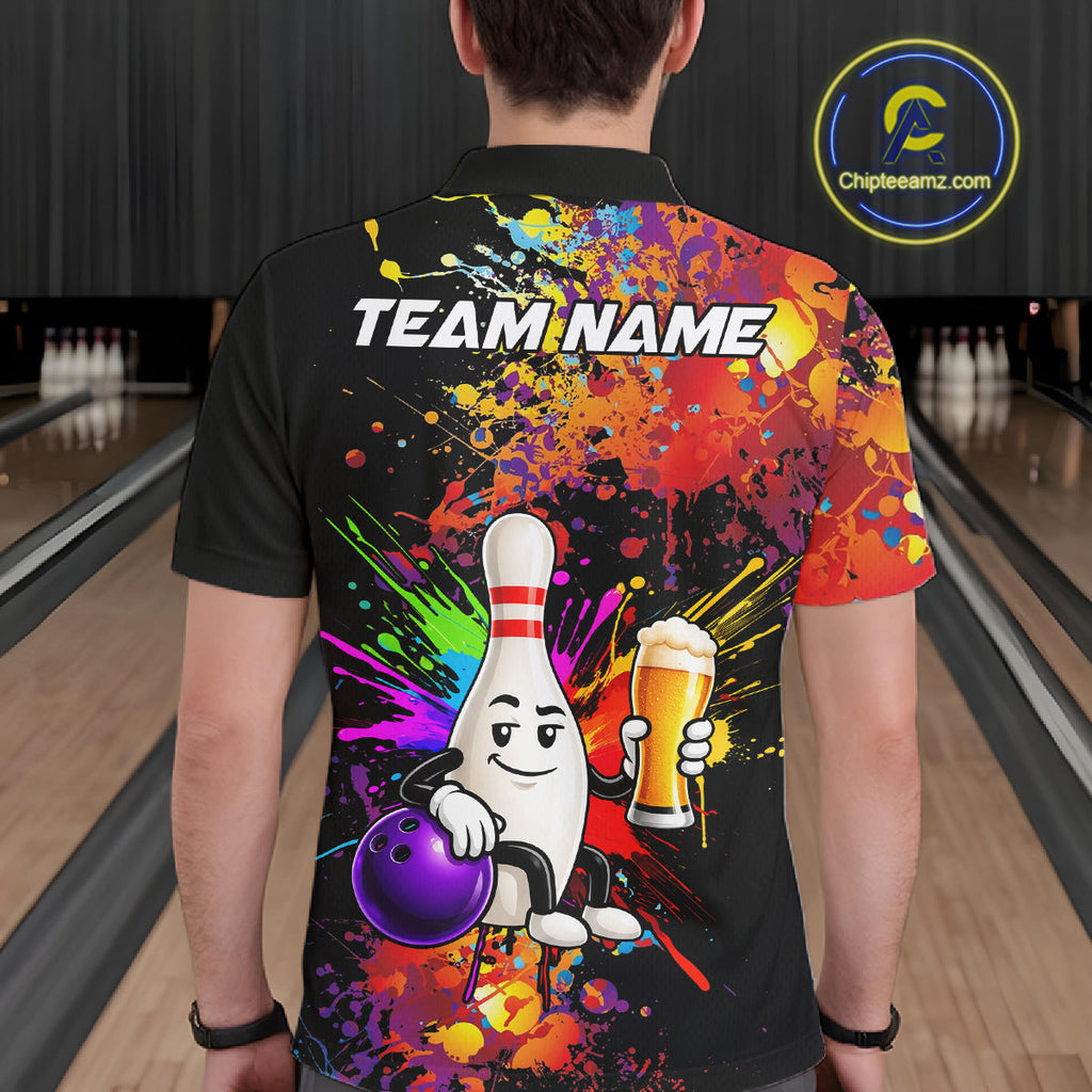 Colorful Splatter Bowling Shirt Funny Beer Pin Splatter Bowling Polo Quarter-Zip Team Uniform