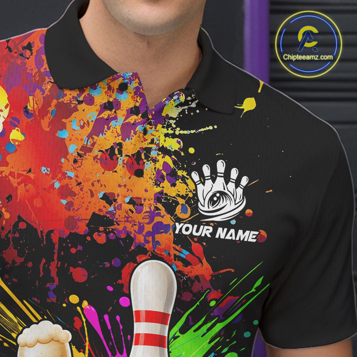 Colorful Splatter Bowling Shirt Funny Beer Pin Splatter Bowling Polo Quarter-Zip Team Uniform