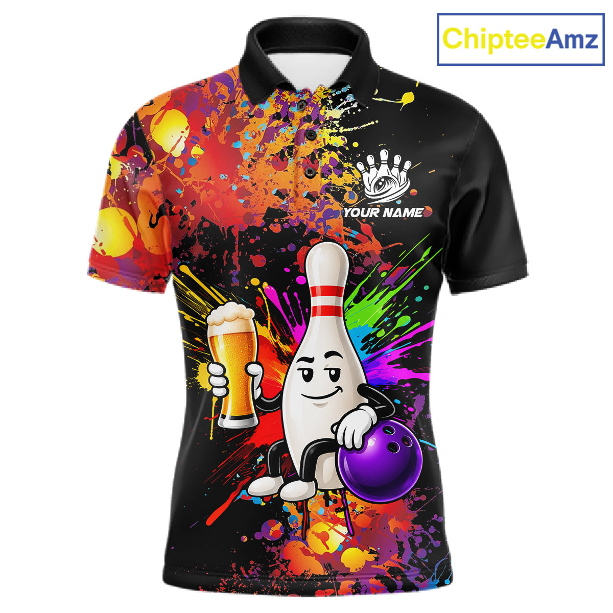 Colorful Splatter Bowling Shirt Funny Beer Pin Splatter Bowling Polo Quarter-Zip Team Uniform