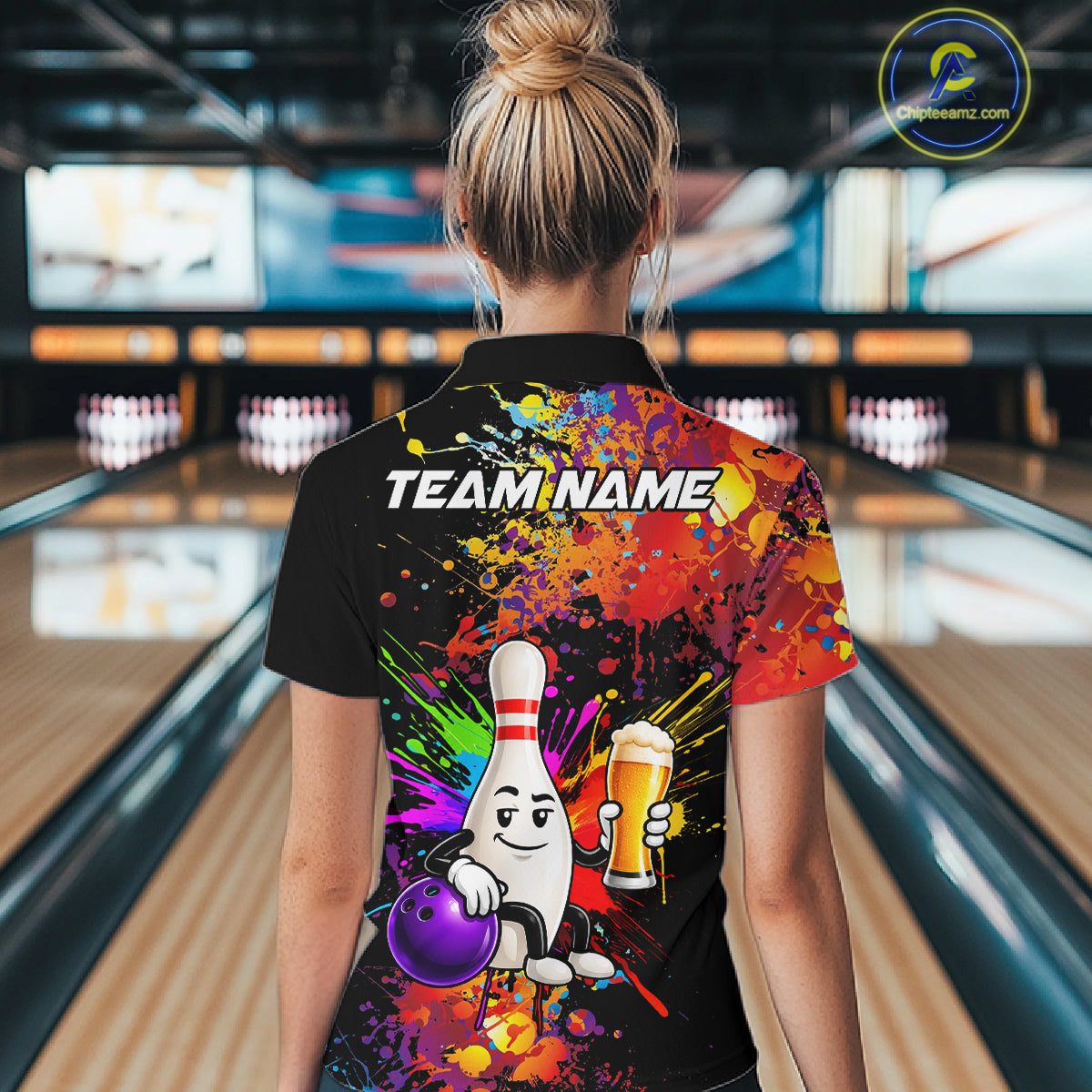 Colorful Splatter Bowling Shirt Funny Beer Pin Splatter Bowling Polo Quarter-Zip Team Uniform