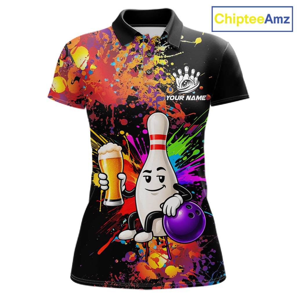 Colorful Splatter Bowling Shirt Funny Beer Pin Splatter Bowling Polo Quarter-Zip Team Uniform