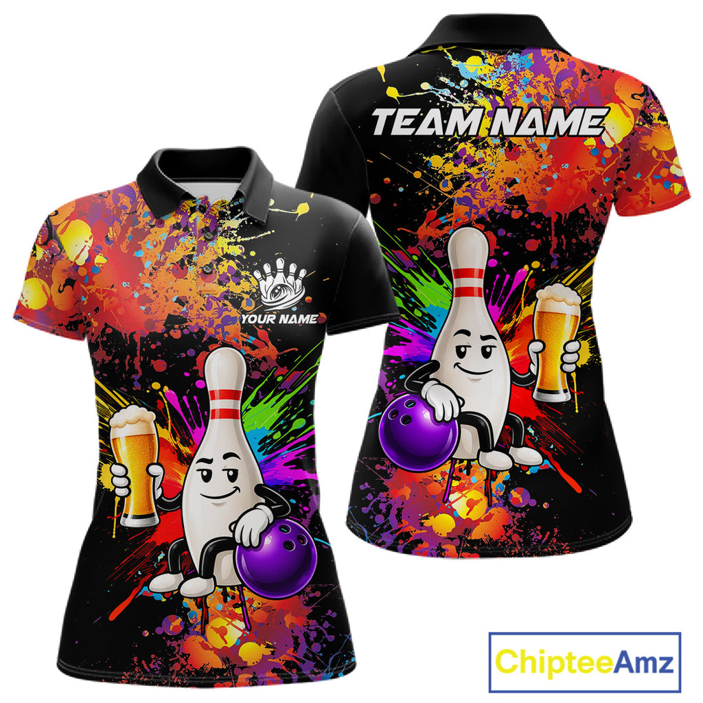 Colorful Splatter Bowling Shirt Funny Beer Pin Splatter Bowling Polo Quarter-Zip Team Uniform