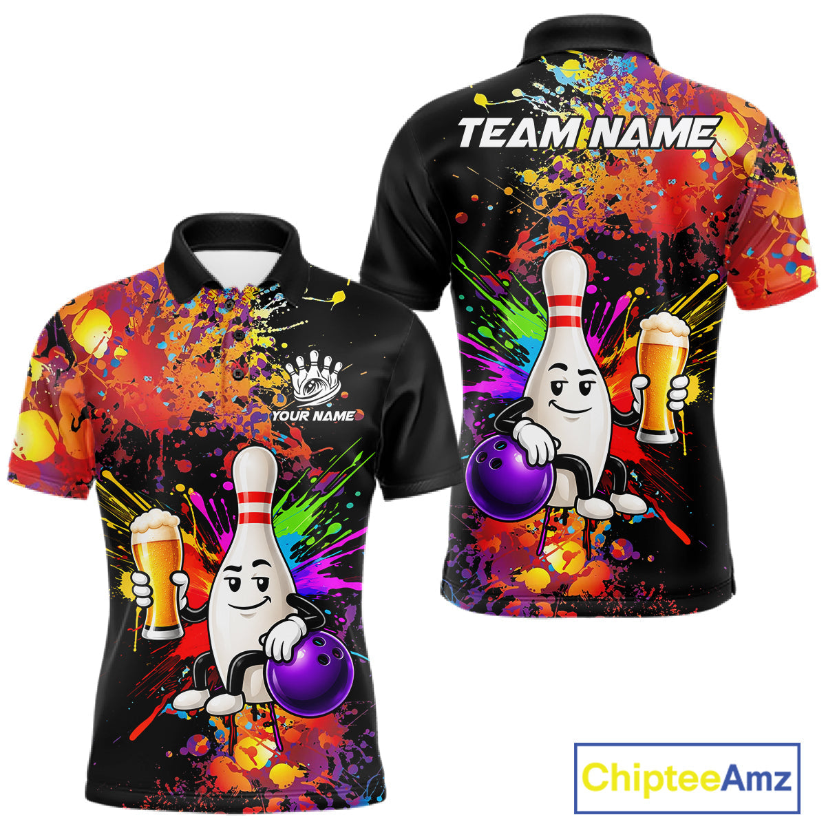 Colorful Splatter Bowling Shirt Funny Beer Pin Splatter Bowling Polo Quarter-Zip Team Uniform