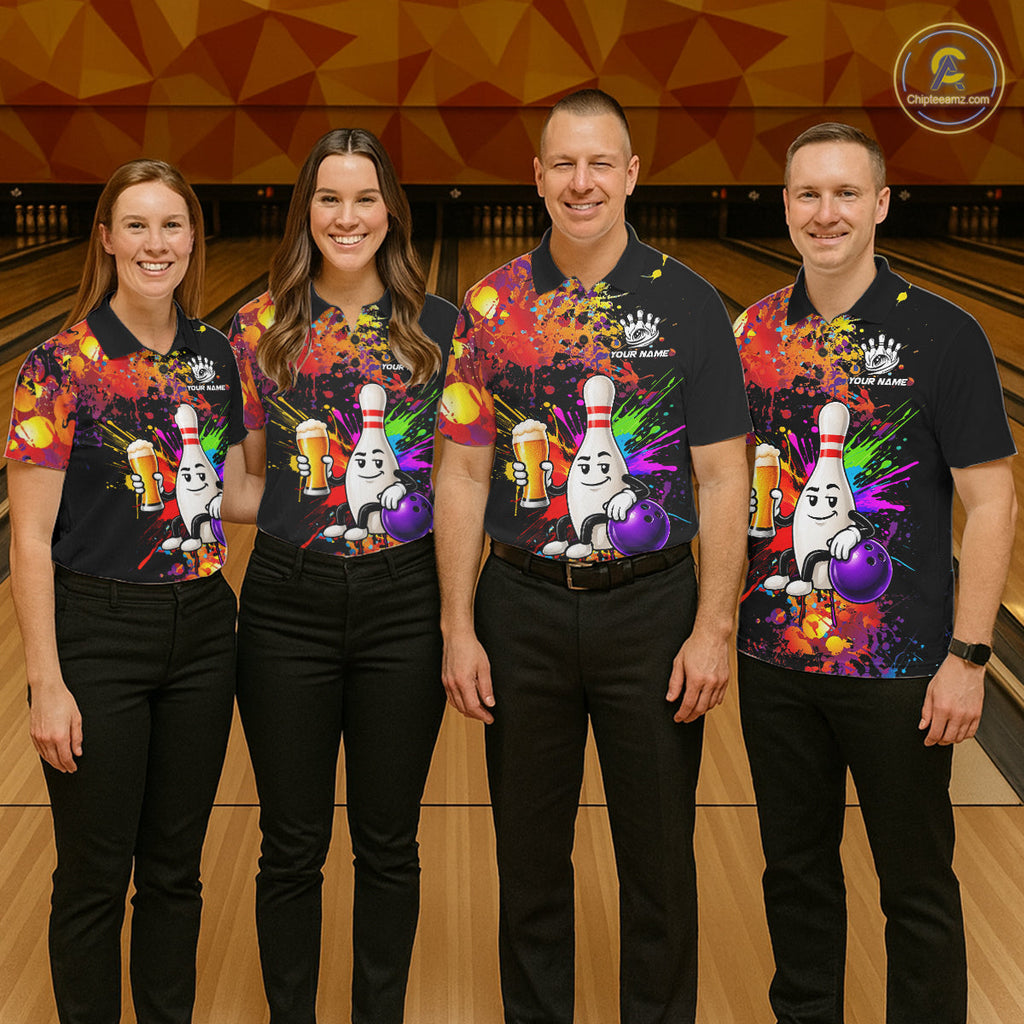 Colorful Splatter Bowling Shirt Funny Beer Pin Splatter Bowling Polo Quarter-Zip Team Uniform
