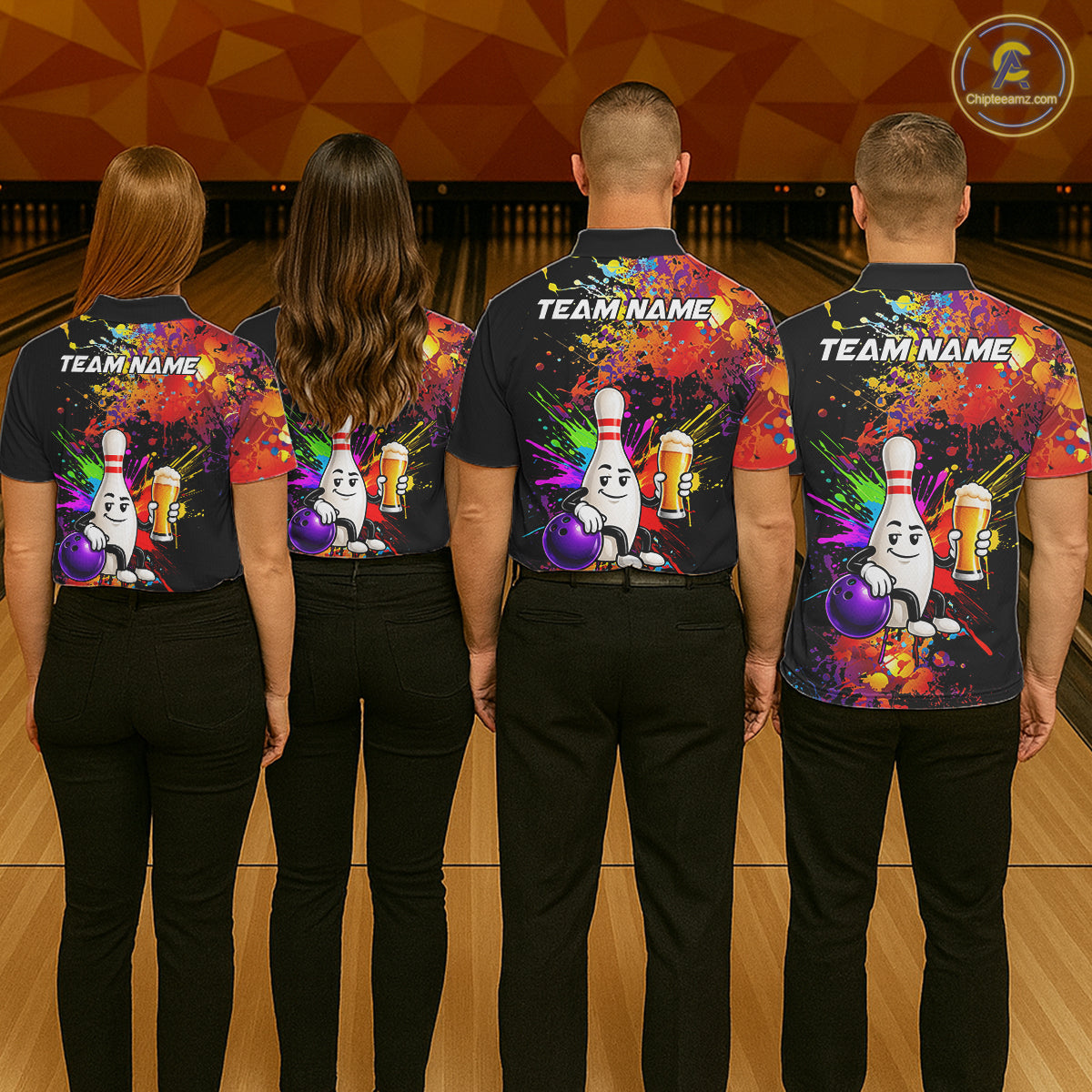 Colorful Splatter Bowling Shirt Funny Beer Pin Splatter Bowling Polo Quarter-Zip Team Uniform