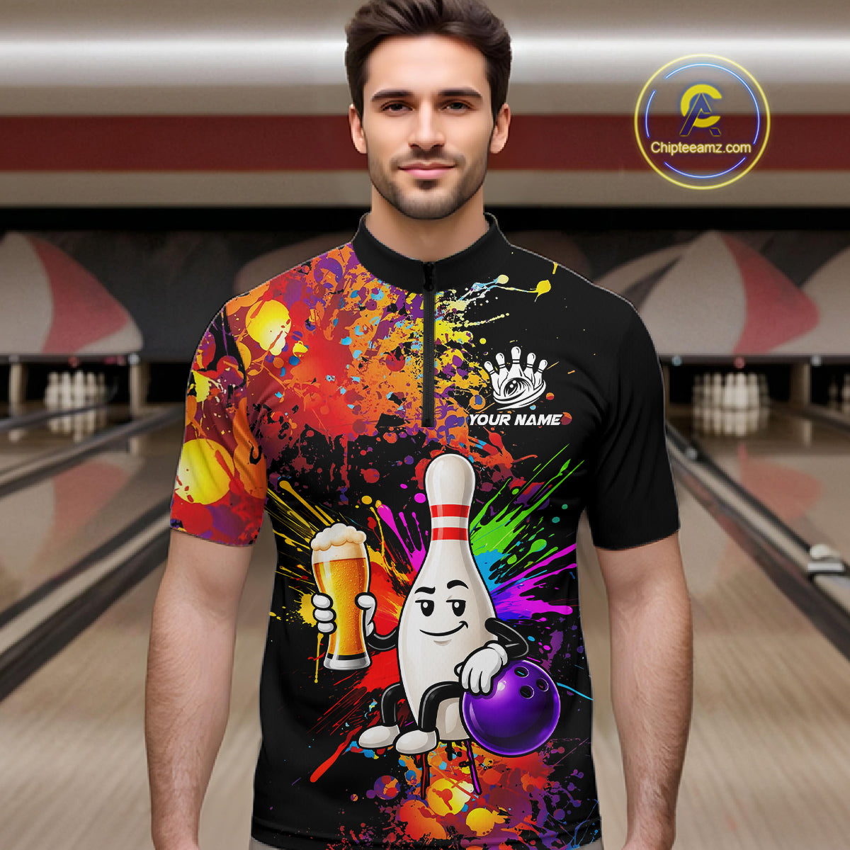 Colorful Splatter Bowling Shirt Funny Beer Pin Splatter Bowling Polo Quarter-Zip Team Uniform