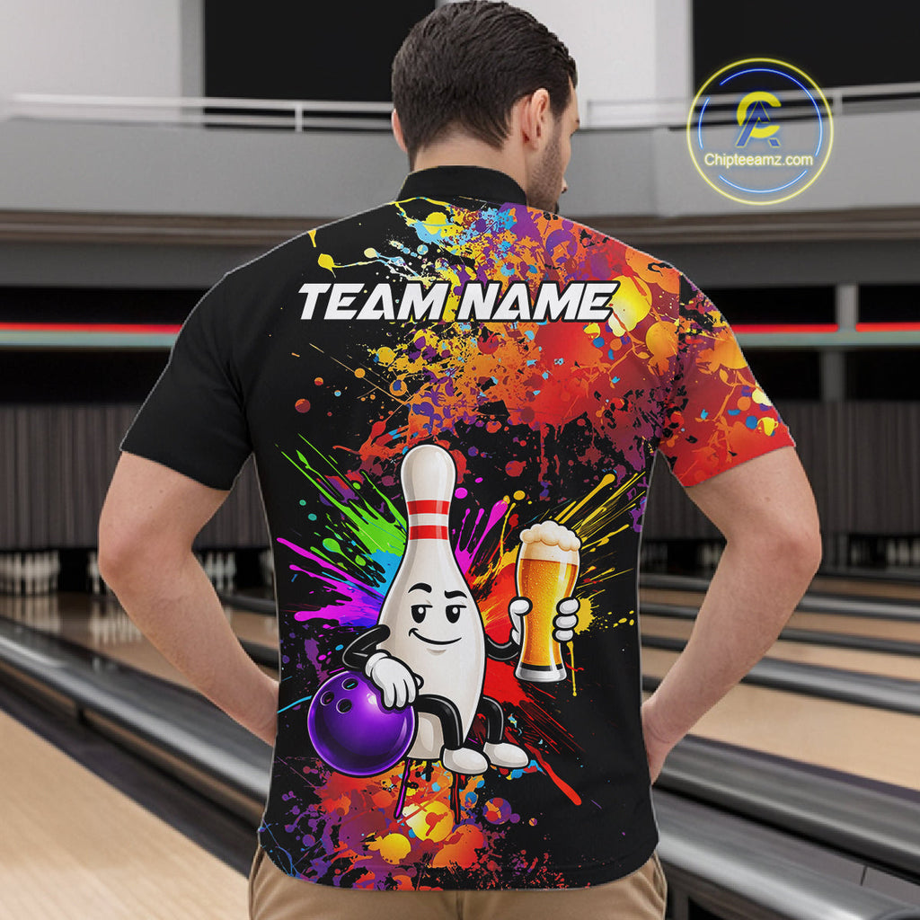 Colorful Splatter Bowling Shirt Funny Beer Pin Splatter Bowling Polo Quarter-Zip Team Uniform
