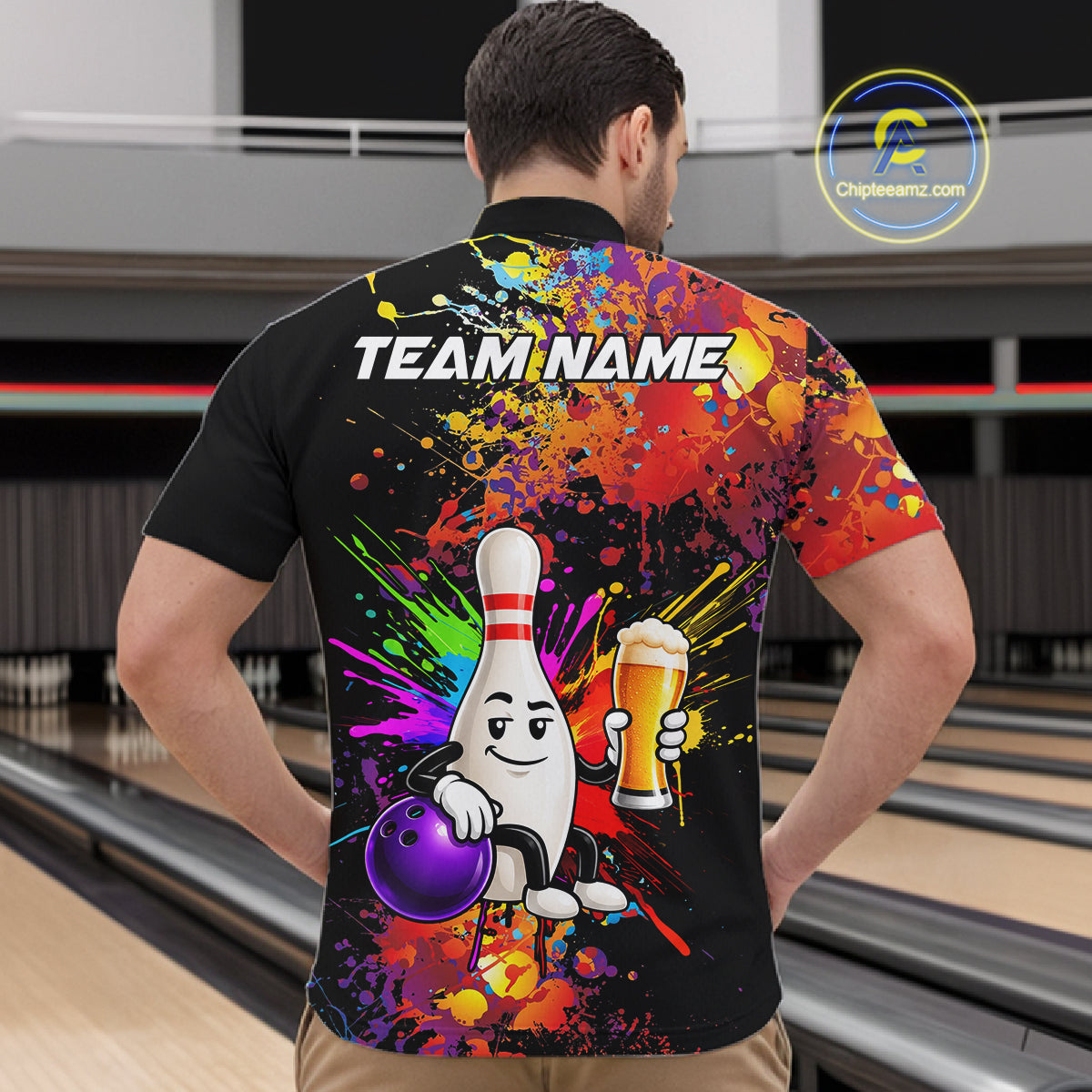 Colorful Splatter Bowling Shirt Funny Beer Pin Splatter Bowling Polo Quarter-Zip Team Uniform