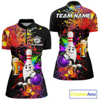 Colorful Splatter Bowling Shirt Funny Beer Pin Splatter Bowling Polo Quarter-Zip Team Uniform