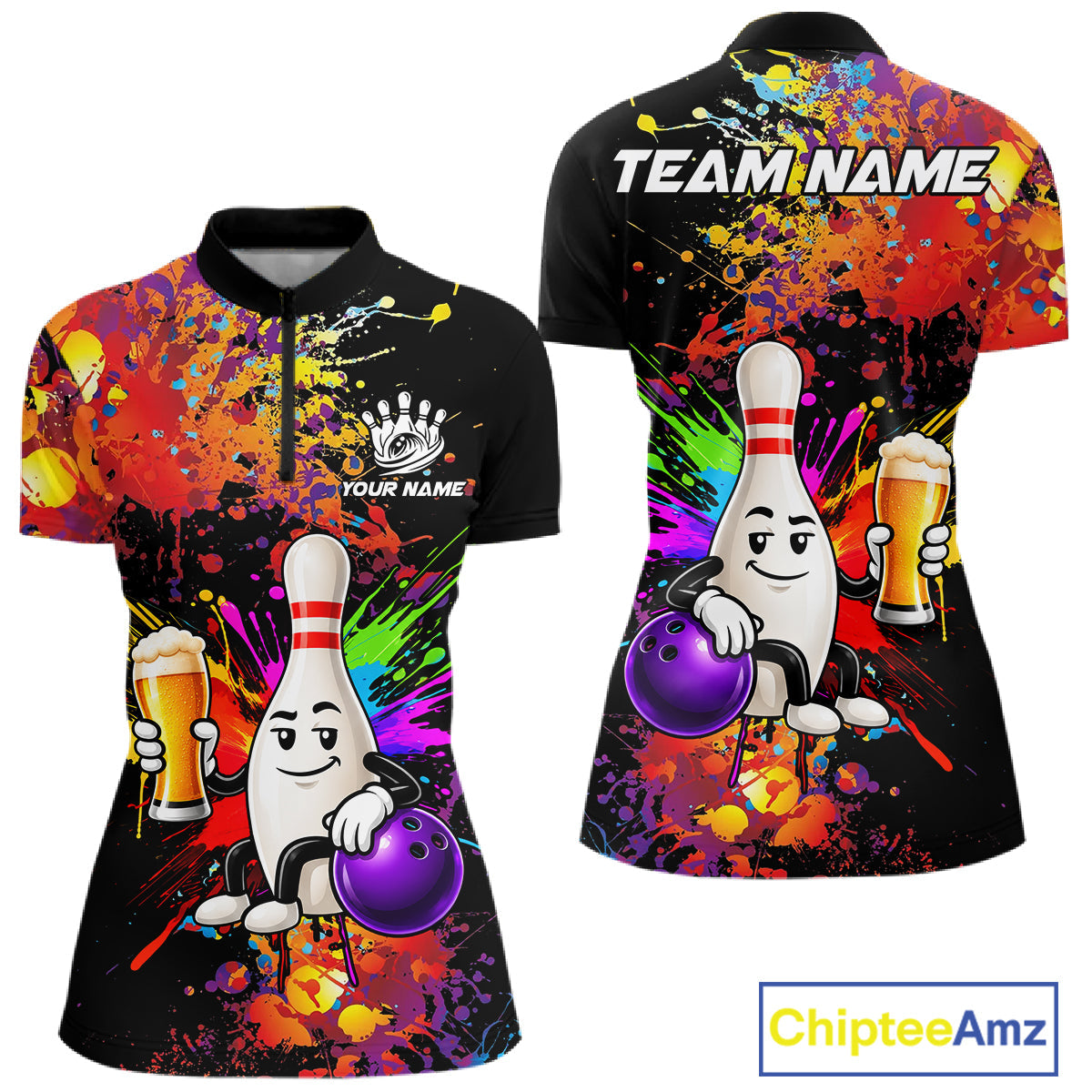Colorful Splatter Bowling Shirt Funny Beer Pin Splatter Bowling Polo Quarter-Zip Team Uniform